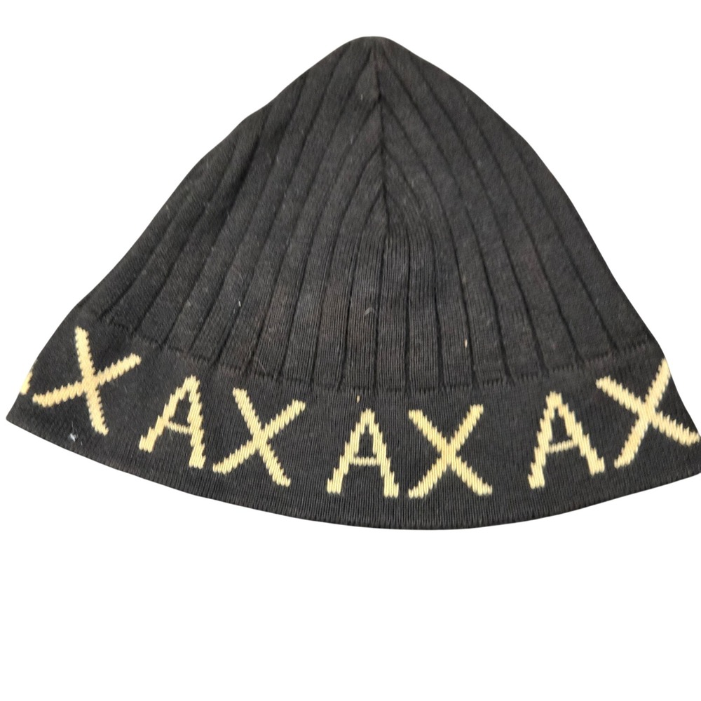 Armani Exchange Mens AX Logo Ribbed Knit Beanie Hat Black Cream Cotton One Size - Picture 2 of 5